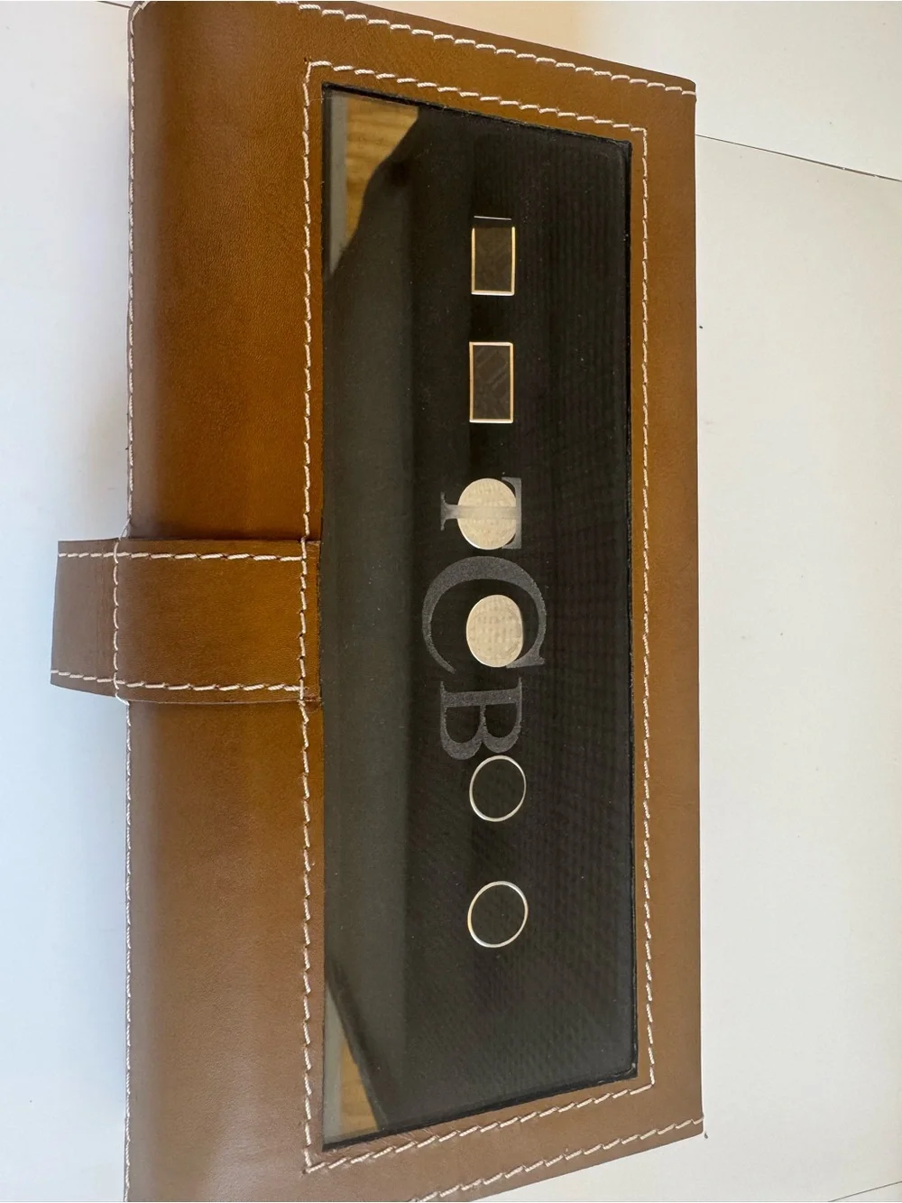 TCB Brown and Black Leather Cufflink Case with Silver-Tone Cufflinks